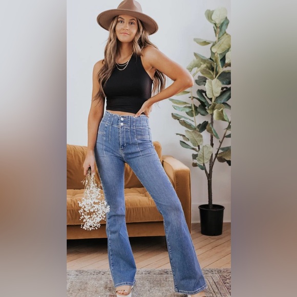 FREE PEOPLE SUNBURST BLUE JAYDE FLARE JEAN 28 NWOT - Picture 7 of 15